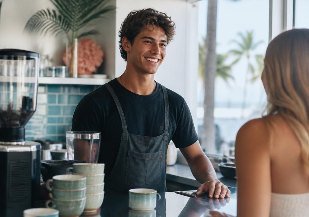 A young South Florida barista welcoming a customer